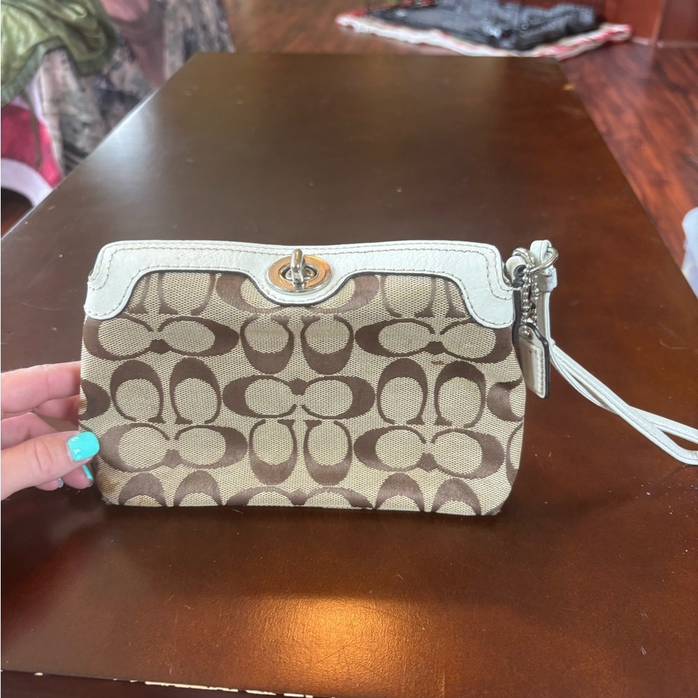 Coach Tan and White Signature Wristlet